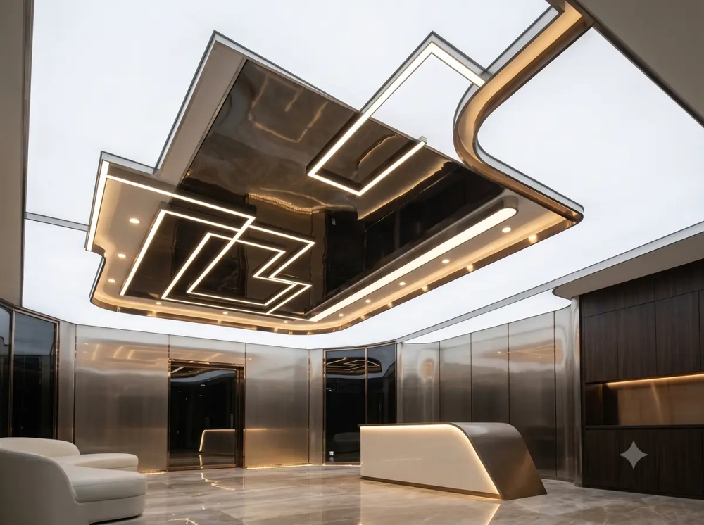 Moderner Raum mit glänzender abgehängter Spanndecke, integrierten LED-Lichtprofilen, Marmorboden und Empfangstheke