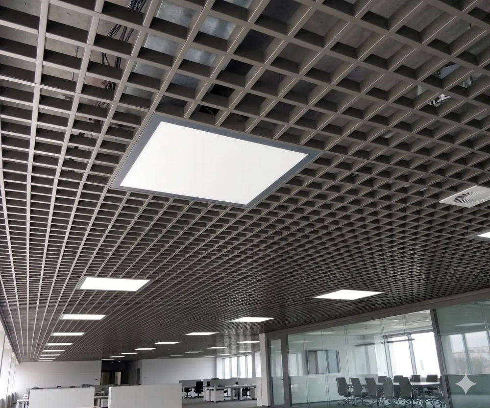 Offenes Büro mit abgehängter Rasterdecke und integrierten LED-Deckenelementen