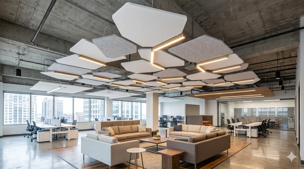 Modernes Büro mit Lounge-Möbeln und grauen Deckensegeln an der Decke