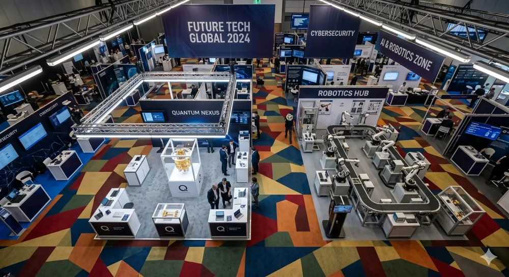 Zwei Messestände mit Ausstellungsmodulen, Technikpulten und Roboter-Stationen in bunter Kongresshalle Messestandbau