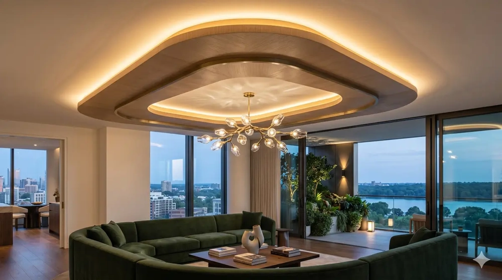 Modernes Wohnzimmer mit abgehängter Decke in mehreren Ebenen, integrierter LED-Beleuchtung und Designer-Kronleuchter