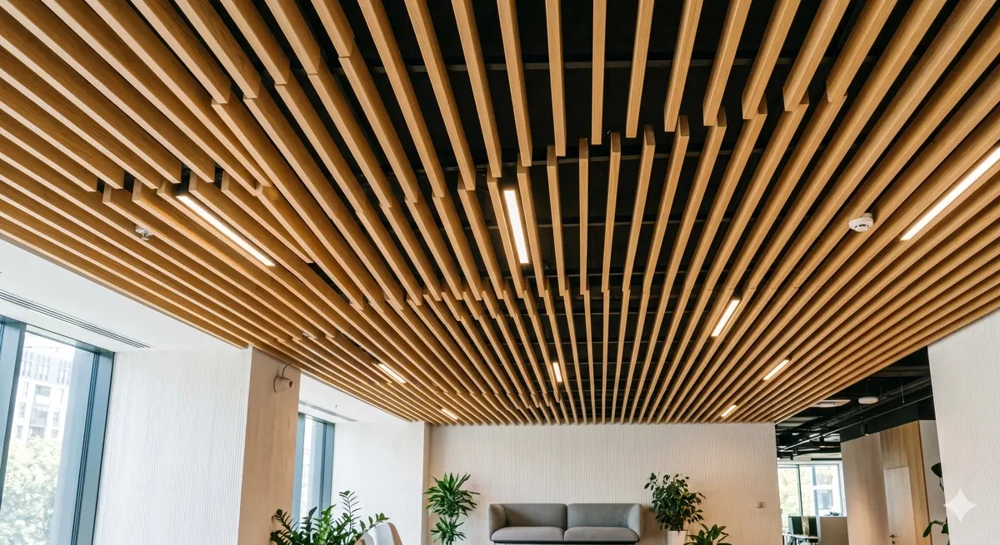 Moderne Lamellendecke aus Holz mit integrierter Beleuchtung über Loungebereich mit Sofa und Pflanzen