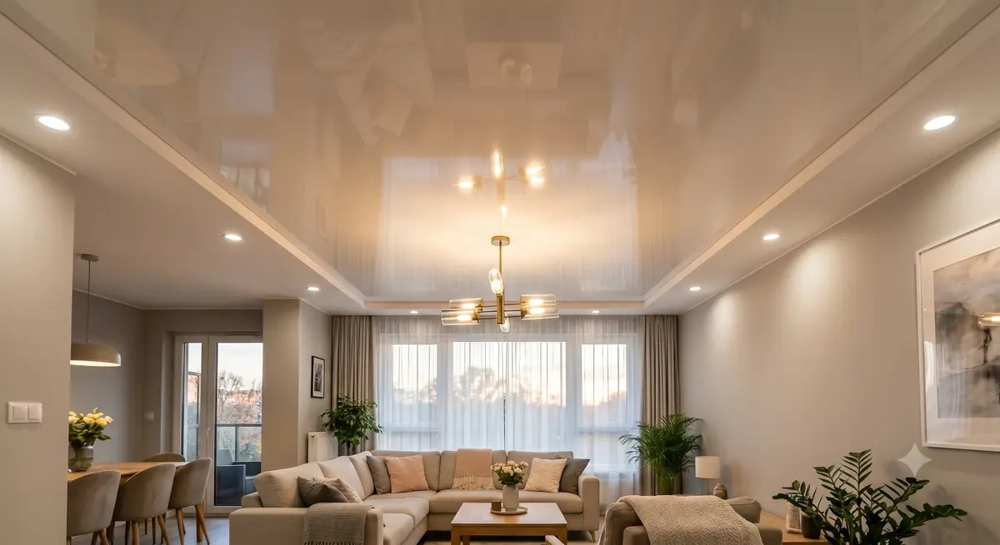 Modernes Wohnzimmer mit glatter Spanndecke, Deckenspots und Hängeleuchte über Sofa und Couchtisch