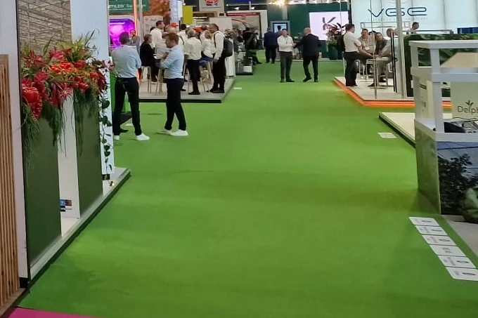 Messestand auf grünem Teppichboden mit montierten Wandsystemen und Besuchern im Gang